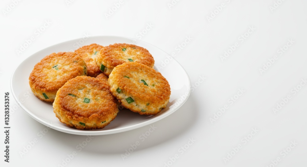 Delicious Golden Brown Fried Fish Cakes with Spring Onions on White Plate Delicious Golden Brown Fried Fish Cakes with Spring Onions on White Plate