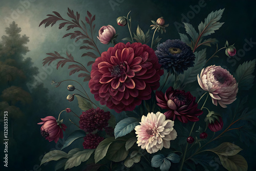 Dramatic Vintage Floral Background with Dahlias and Chrysanthemums