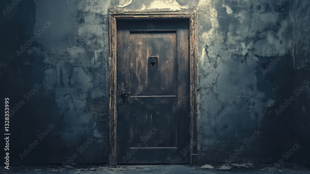 A weathered wooden door stands against a textured wall, evoking mystery and intrigue. A weathered wooden door stands against a textured wall, evoking mystery and intrigue.