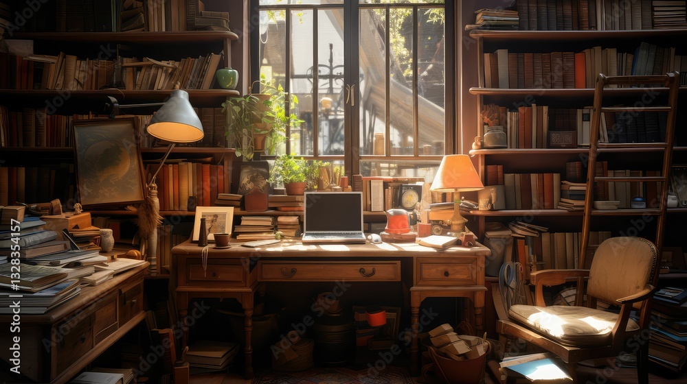 desk office with books desk office with books
