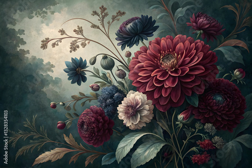 Dramatic Vintage Floral Background with Dahlias and Chrysanthemums