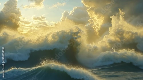 Majestic ocean waves crashing under a vibrant sunset, showcasing nature's raw power and beauty in a coastal landscape