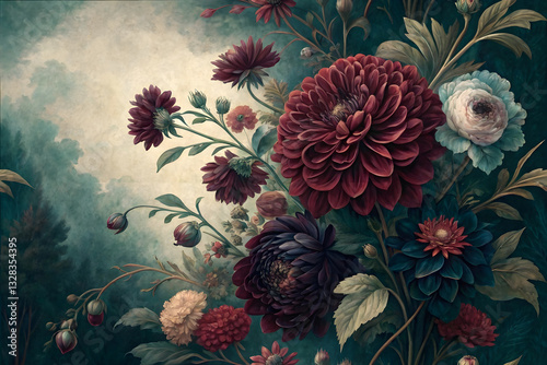 Dramatic Vintage Floral Background with Dahlias and Chrysanthemums