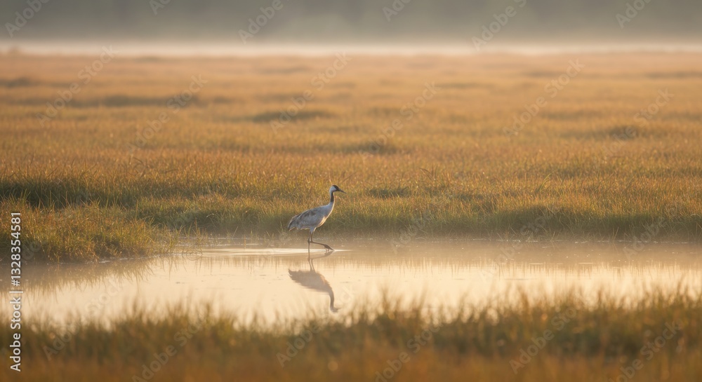Fototapeta premium Serene Dawn: A Crane's Tranquil Stroll Through Misty Wetlands