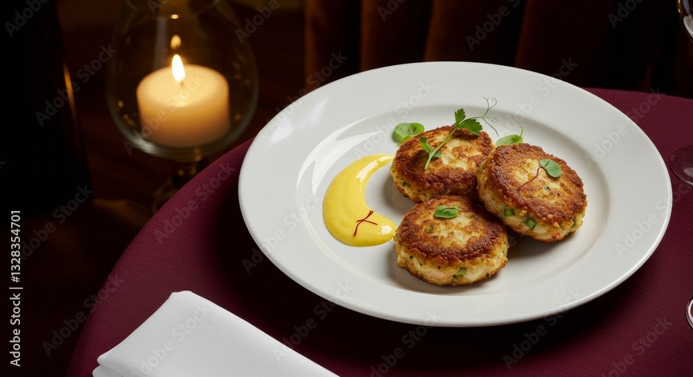 Delicious Gourmet Crab Cakes with Lemon Aioli Fine Dining Restaurant Dish