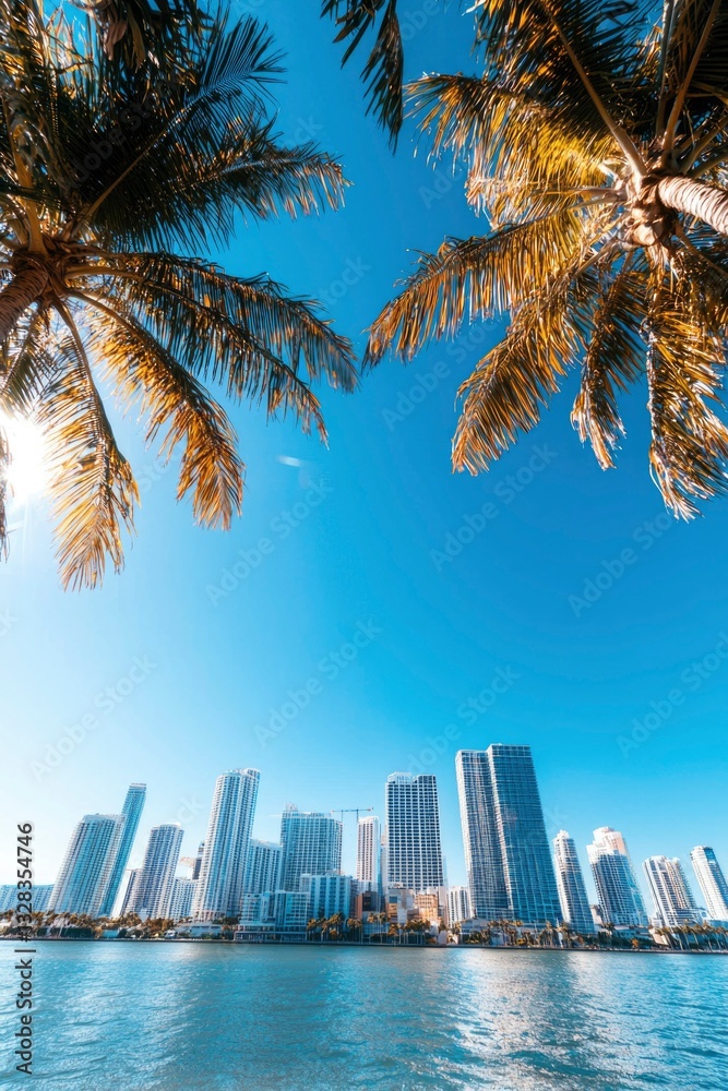 Obraz premium City skyline viewed from beneath palm trees, blue sky, calm water