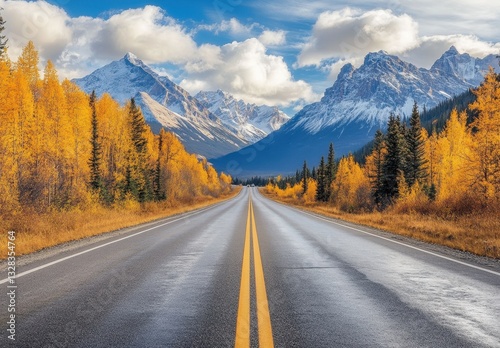 Scenic Autumn Road Through Majestic Mountains with Vibrant Trees Under a Blue Sky and Wispy Clouds in a Breathtaking Landscape