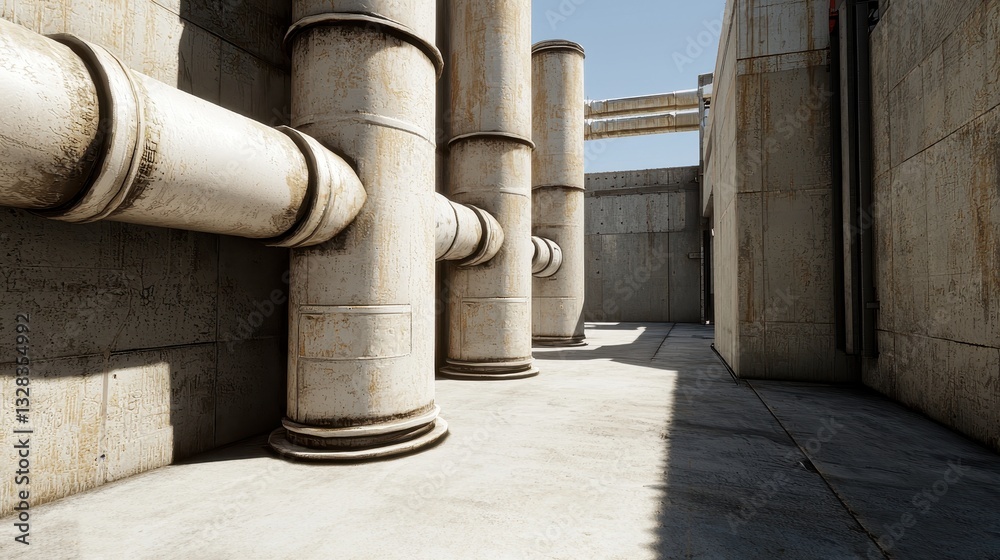 An industrial corridor featuring large, textured pipes and concrete walls, under a clear blue sky, suggesting a modern architectural design. An industrial corridor featuring large, textured pipes and concrete walls, under a clear blue sky, suggesting a modern architectural design.