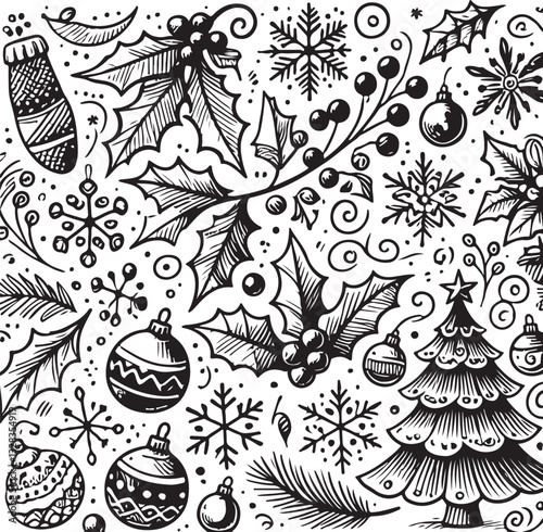 PrintCreate a Christmas drawn holly line decor, pine branch, snowflake background. Hand drawn doodle sketch holly floral, Christmas tree leaves, winter pine. Holiday ornament sketch doodle. Vector art