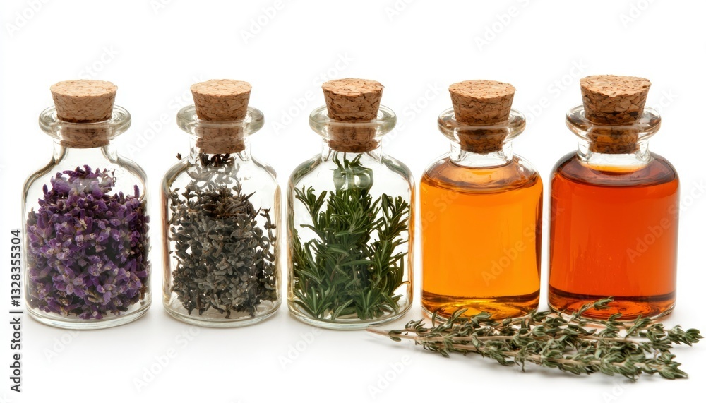 Five small glass bottles with cork stoppers, containing dried herbs and essential oils. A sprig of thyme rests in front Five small glass bottles with cork stoppers, containing dried herbs and essential oils. A sprig of thyme rests in front