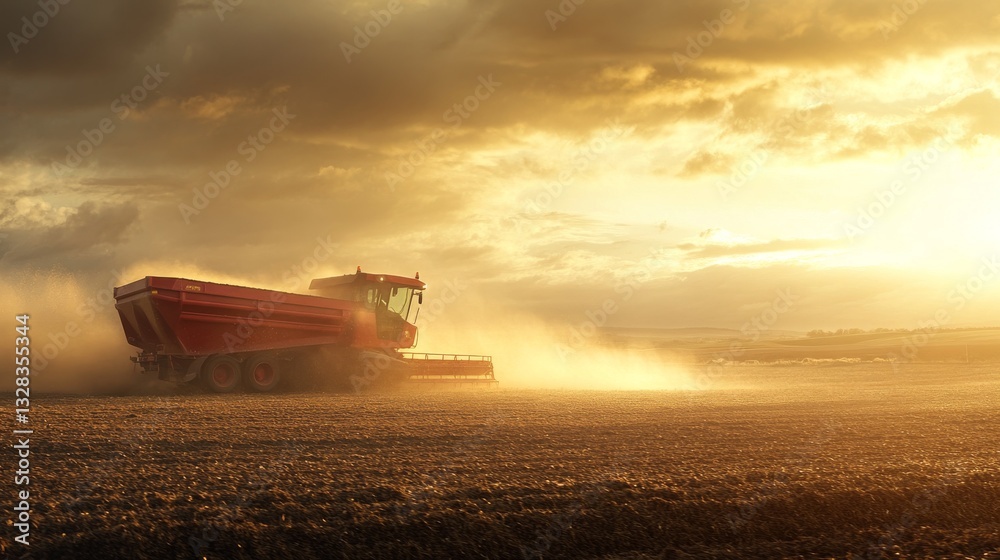 Fototapeta premium Agricultural landscape at dusk, massive harvesting machine in operation, backlit dust clouds, golden evening sunlight, red transport wagon filled with grain, rolling farmland backdrop, professional