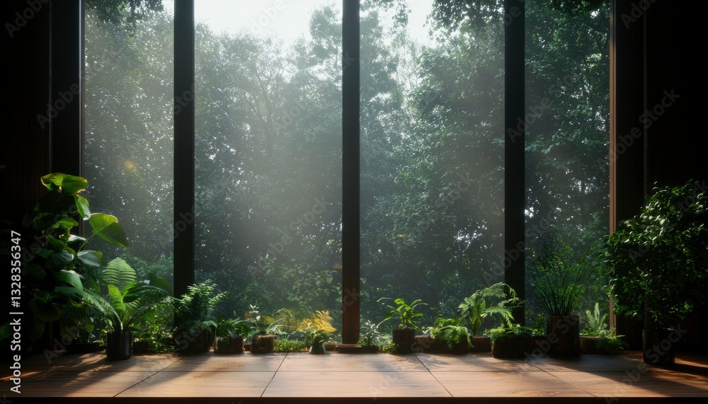 Sunlit indoor scene with lush greenery viewed through large windows overlooking a misty forest Sunlit indoor scene with lush greenery viewed through large windows overlooking a misty forest