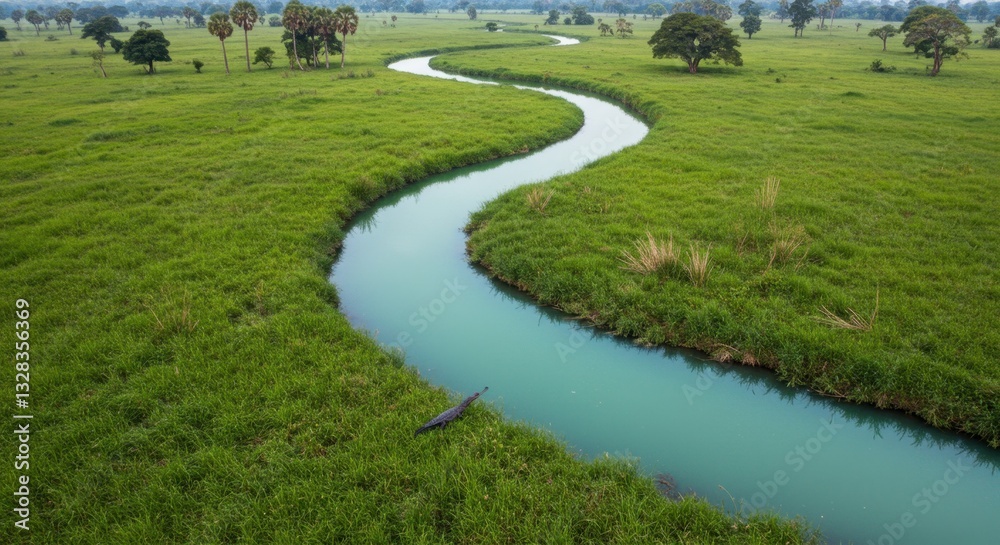 Serene River Winding Through Lush Green Meadow: An Aerial View of Tranquil Nature Serene River Winding Through Lush Green Meadow: An Aerial View of Tranquil Nature