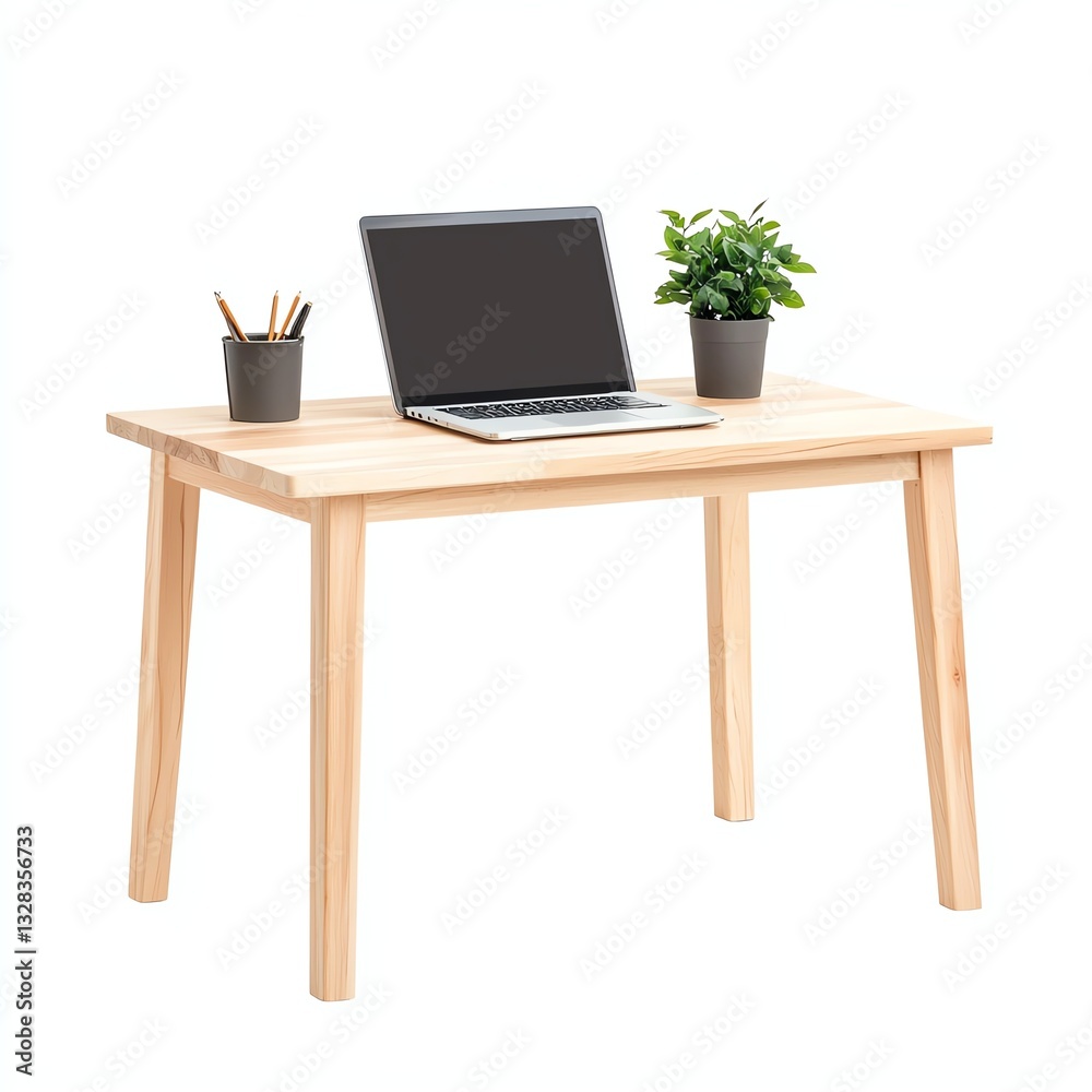 Fototapeta premium Modern wooden desk featuring a laptop, potted plant, and stationery. Ideal for home office or study space, showcasing a clean and organized workspace aesthetic.