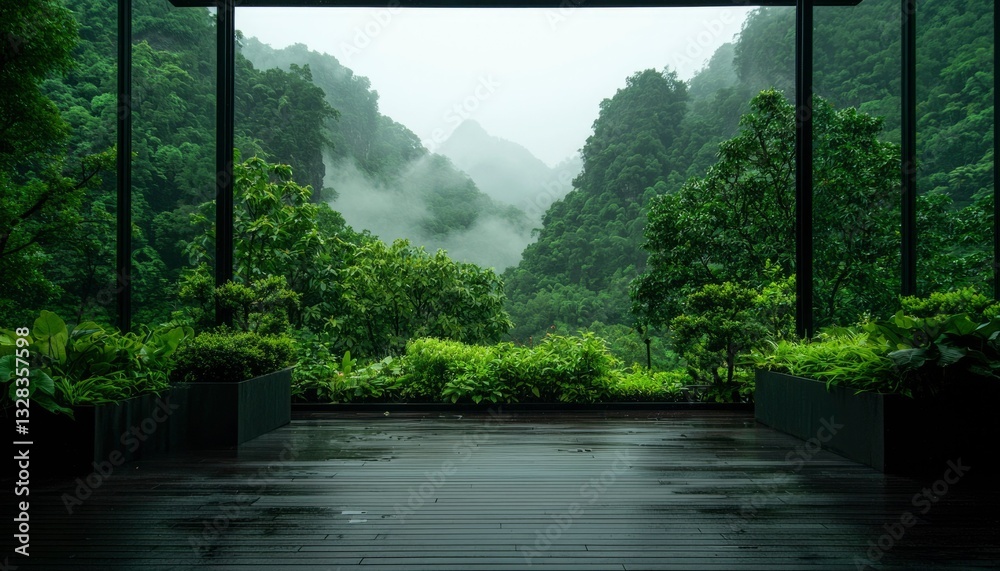 Fototapeta premium Misty mountain view seen through a large window from a wet, wooden deck. Lush green vegetation surrounds the frame