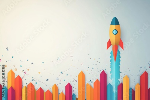 Business growth strategy infographic rocket launching upwards digital design creative environment aerial view conceptual visualization for success in business