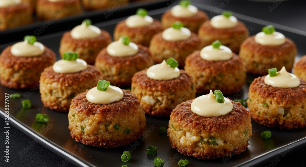 Delicious Crab Cakes Appetizer Platter with Creamy Sauce and Chives Garnish Delicious Crab Cakes Appetizer Platter with Creamy Sauce and Chives Garnish