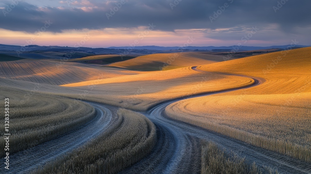 Fototapeta premium expansive landscape wheat field at peak ripeness, symmetrical tractor paths creating leading lines through crop, golden hour light catching individual wheat heads, vast open sky with scattered