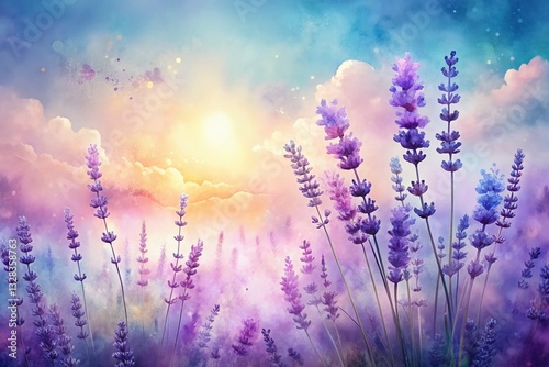 Serene Lavender Floral Watercolor Landscape - Calming Nature Illustration