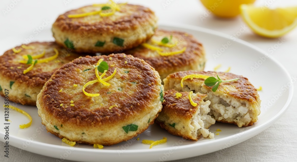 Delicious Golden Brown Fish Cakes with Lemon Zest Garnish Close Up Delicious Golden Brown Fish Cakes with Lemon Zest Garnish Close Up