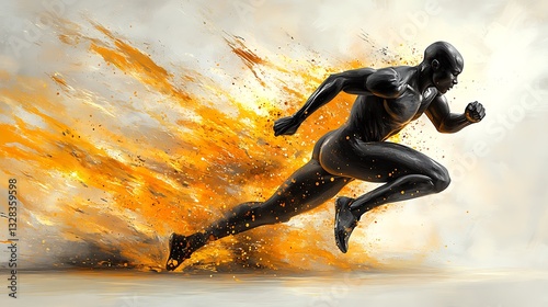 Muscular man sprinting amidst fiery, dynamic motion blur.