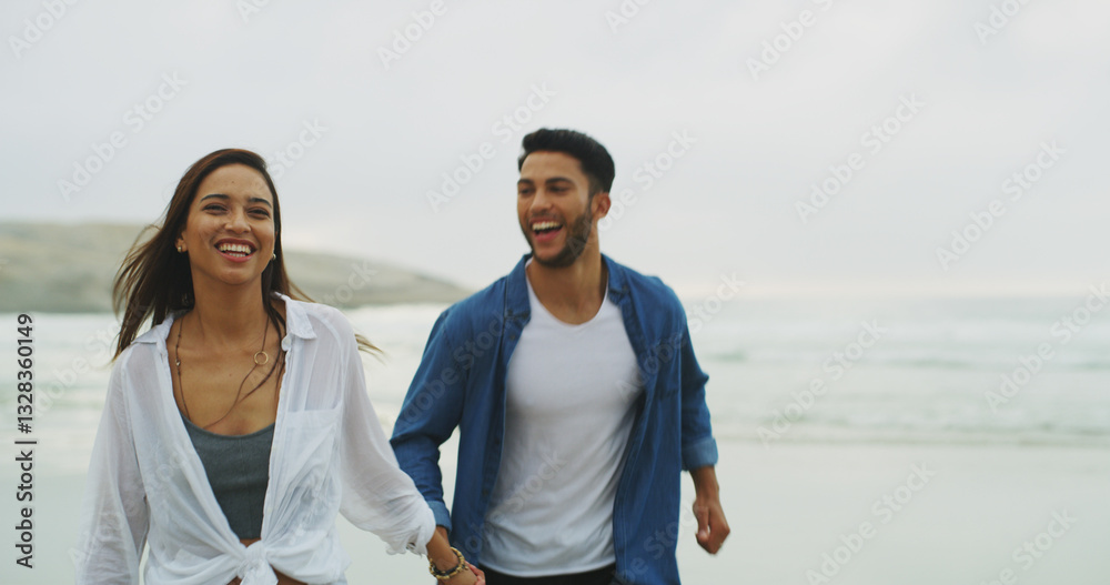 Beach, couple and happy with holding hands on vacation, holiday and bonding together on honeymoon. Ocean, man and woman in portrait for love, walking and travel adventure in Florida by space Beach, couple and happy with holding hands on vacation, holiday and bonding together on honeymoon. Ocean, man and woman in portrait for love, walking and travel adventure in Florida by space