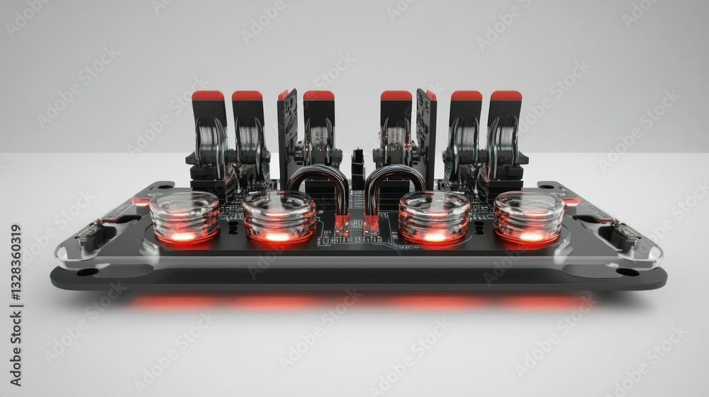 A detailed electronic circuit board features various mechanical components and lights A detailed electronic circuit board features various mechanical components and lights