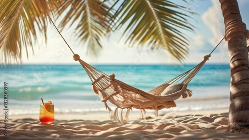 Hammock and Cocktail on a Sunny Ocean Shore Illustration for World Laziness Day and World Cocktail Day