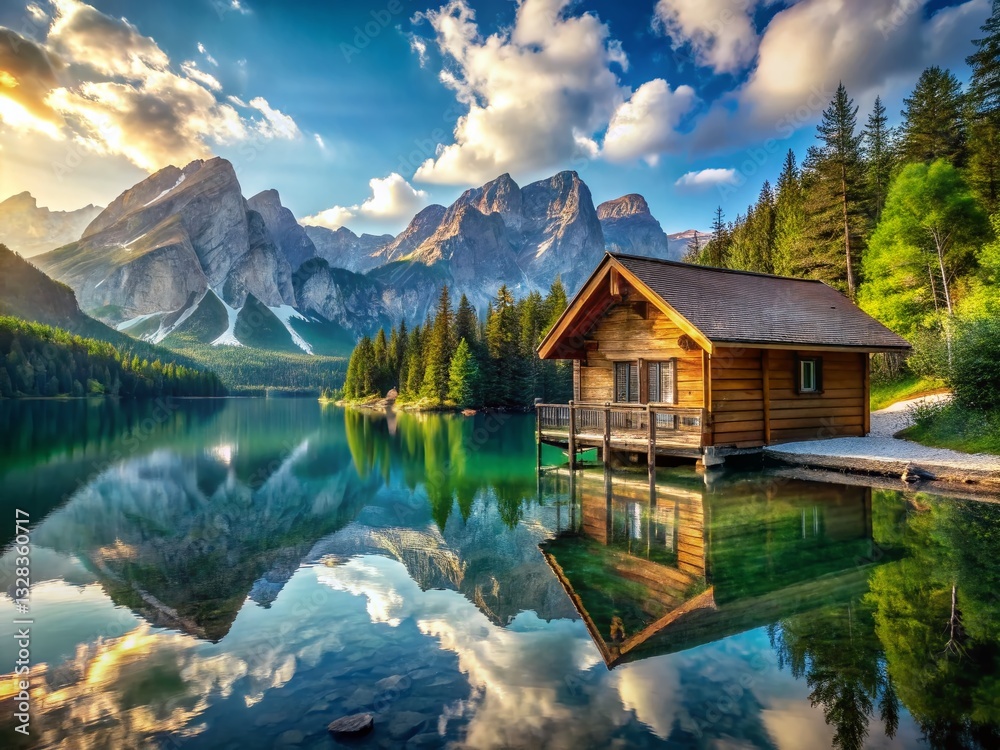 Fototapeta premium Serene Mountain Lake Cabin: Sunny Day Stock Photo