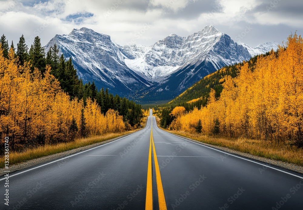Fototapeta premium Scenic Mountain Road with Vibrant Autumn Colors and Towering Snow-Capped Peaks Under a Cloudy Sky