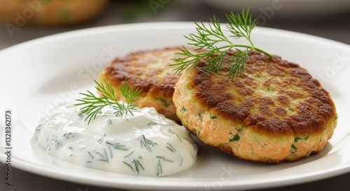 Delicious Salmon Patties with Dill Cream Sauce Gourmet Food Photography