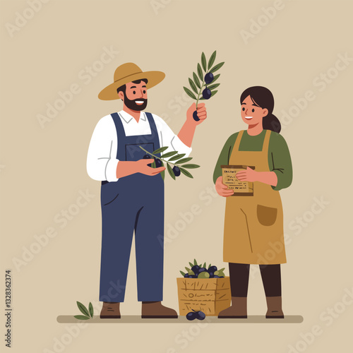 Farmers Harvesting Olives and Managing the Harvest Together in a Farm