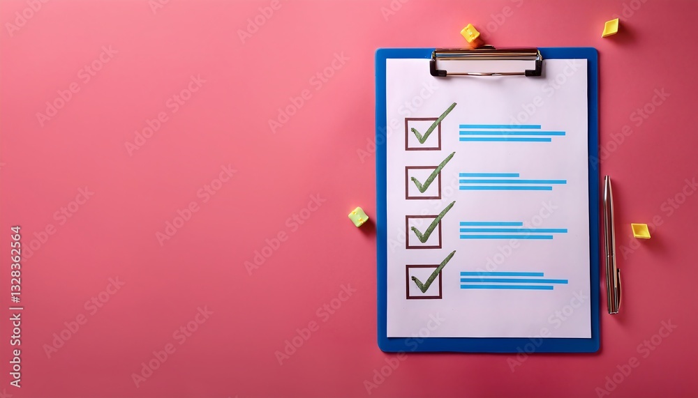 A clipboard with a checklist and checkmarks on a pink background, symbolizing organization and task completion. A clipboard with a checklist and checkmarks on a pink background, symbolizing organization and task completion.