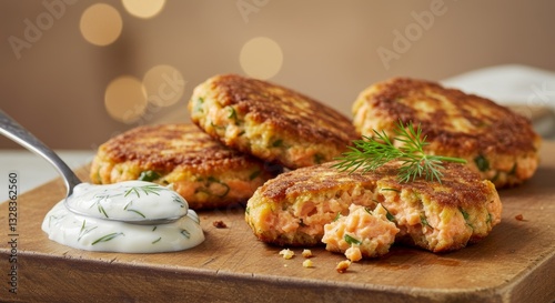 Delicious Salmon Patties with Dill Sauce Gourmet Food Photography Appetizing Dish