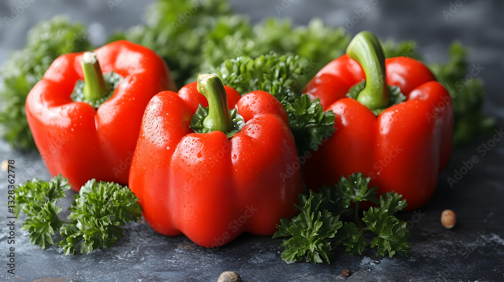 Fresh Red Bell Peppers Surrounded by Vibrant Green Parsley Leaves Fresh Red Bell Peppers Surrounded by Vibrant Green Parsley Leaves