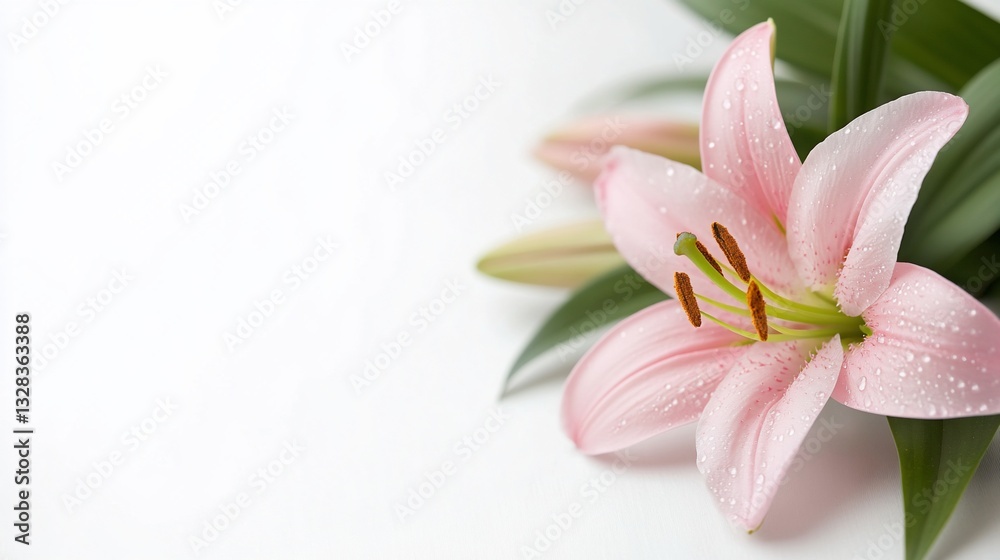 Delicate pink lily with leaves, water droplets on white Delicate pink lily with leaves, water droplets on white