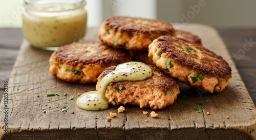 Delicious Homemade Salmon Patties with Creamy Mustard Sauce on Rustic Wooden Board