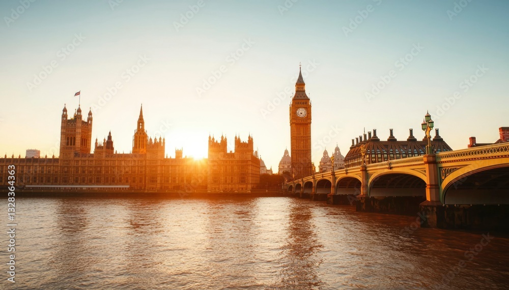 Naklejka premium Golden hour sunset over iconic London architecture, reflecting on calm river waters