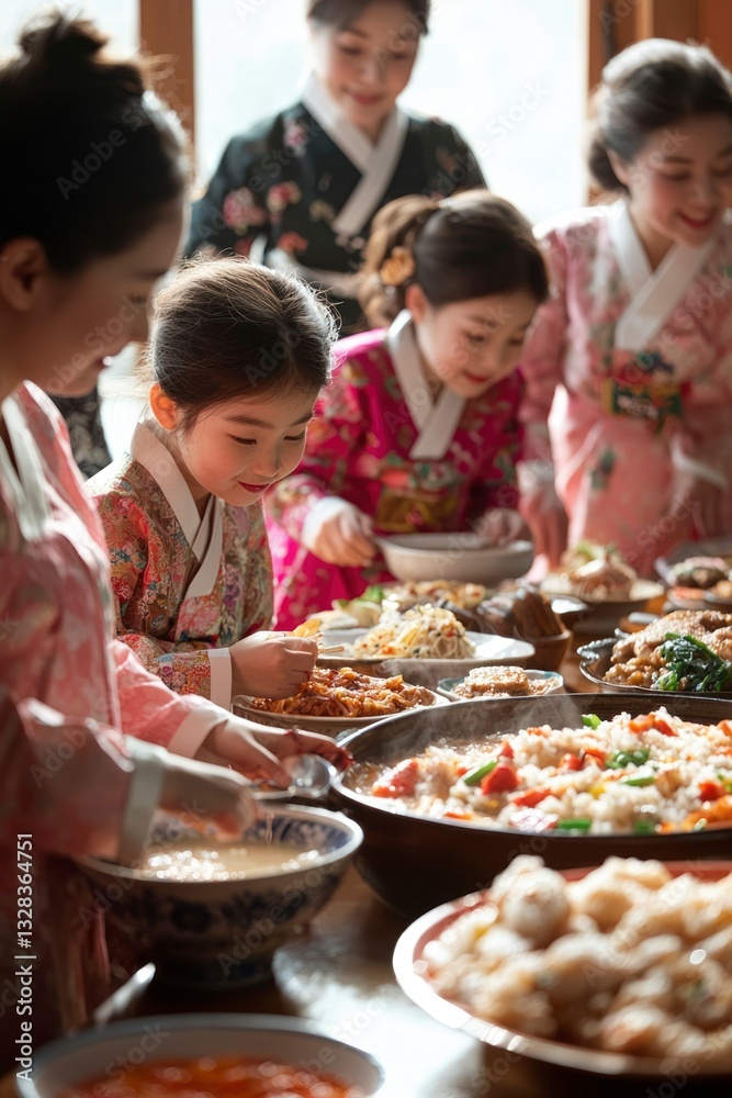 Women and children in traditional clothing gather around a table laden with food, enjoying a meal together Women and children in traditional clothing gather around a table laden with food, enjoying a meal together