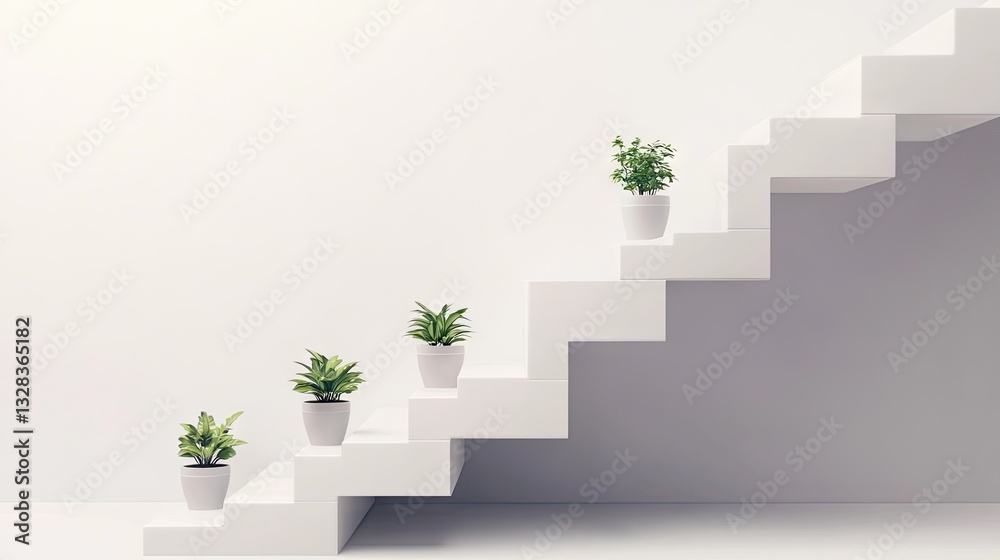 Obraz premium A modern staircase with small potted plants arranged stylishly along the steps.