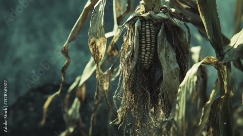 close-up weathered corn plant with shriveled leaves drooping downward, prematurely browned tassels, undersized ears with exposed kernels, parched soil texture visible, harsh midday shadows
