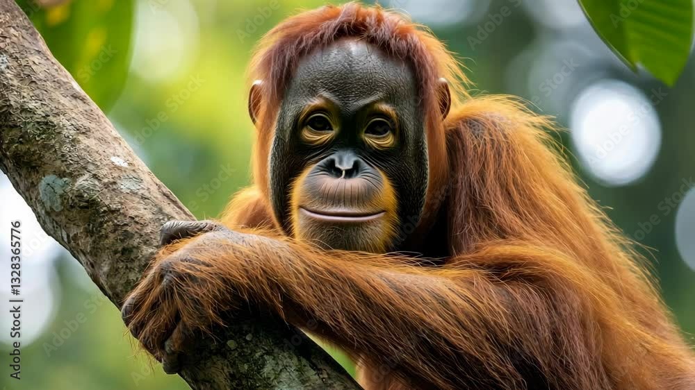 Orangutan resting on a tree branch in natural habitat during daytime in a tropical rainforest Orangutan resting on a tree branch in natural habitat during daytime in a tropical rainforest