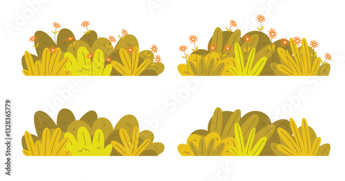 Grass bush, yellow autumn bush blossom, shrubs during flowering and non flowering seasons