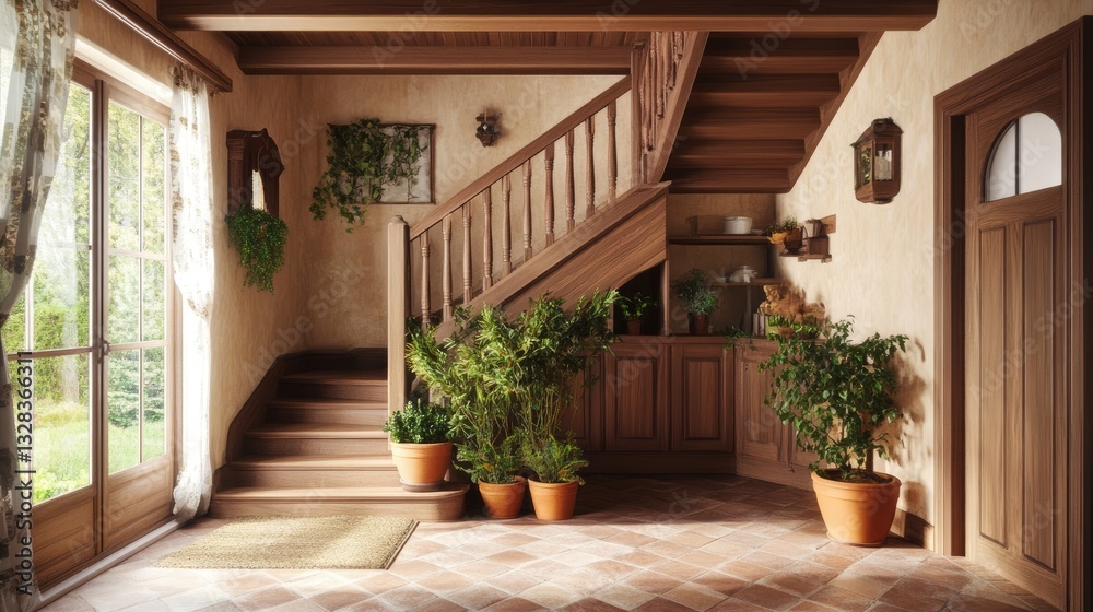A rustic-style home with terracotta potted plants decorating the stair steps. A rustic-style home with terracotta potted plants decorating the stair steps.