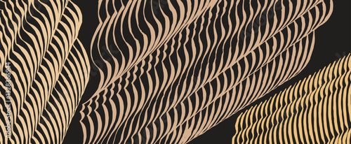 Hand drawn abstract brush line wood carving stripe background, Japanese and ethnic folk engraving, block print texture surface pattern,  irregular wave and landscape inspired graphic for textile