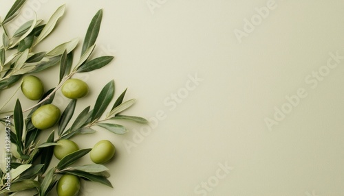 Lush green olive branch with ripe olives on a muted background