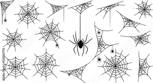Set of web silhouettes. Spider web collection for halloween. Black and white illustration of elements for decor for the celebration of Halloween.
