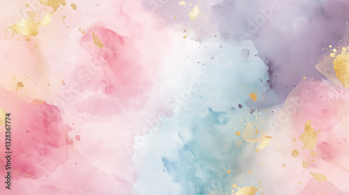 A high-resolution abstract watercolor background featuring soft washes of pastel pink, lavender, and sky blue. Delicate gold leaf accents shimmer across the canvas, adding a touch of elegance 
