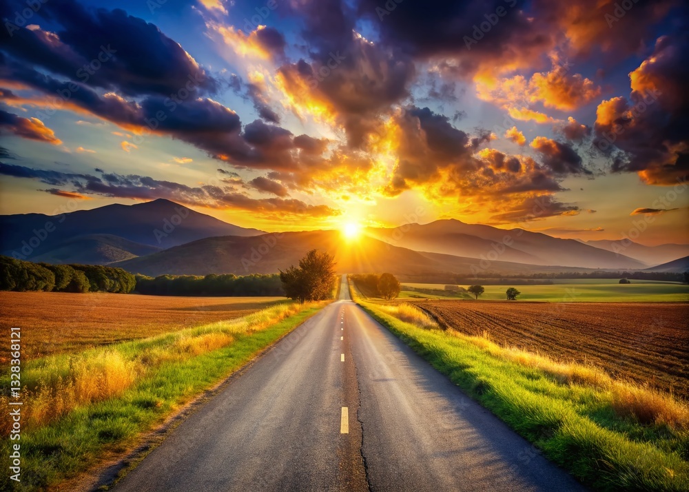 Naklejka premium Serene Sunset: Empty Country Road Leading to Majestic Mountain Range