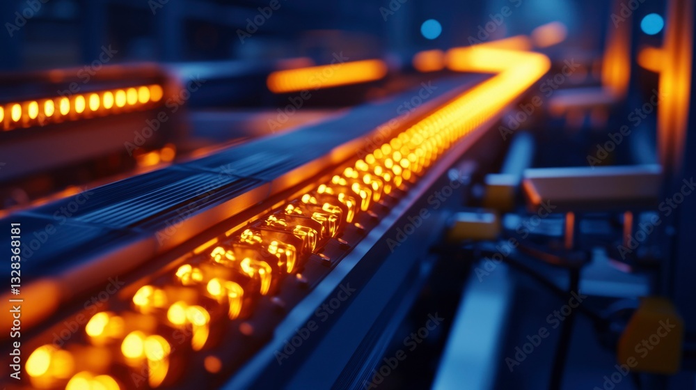 Glowing conveyor belt transporting numerous items in a modern factory setting